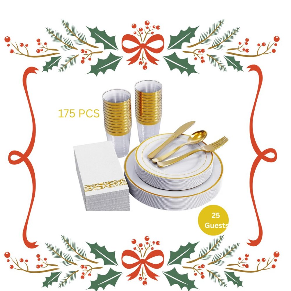 Gold Disposable Plastic Dinnerware Set for 25 Guests – 175 Pieces Plates, Cups,